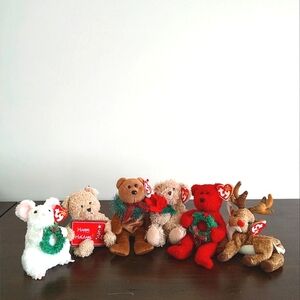 Ty Beanie Babies Christmas Lot Of Six Plush Animals Bears Reindeer Rat Holiday